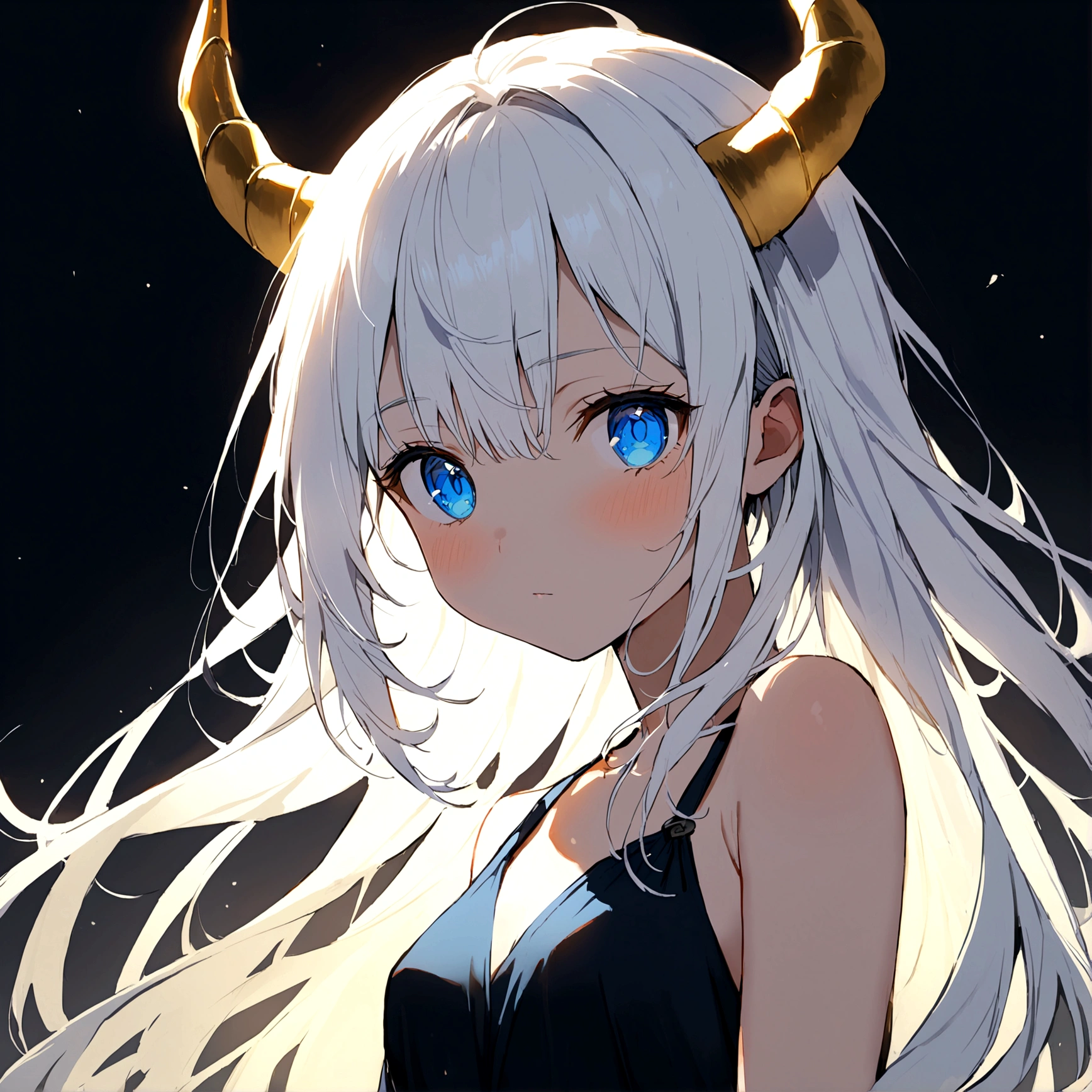 20-year-old girl with white hair with golden horns and blue eyes and who has small breasts and 