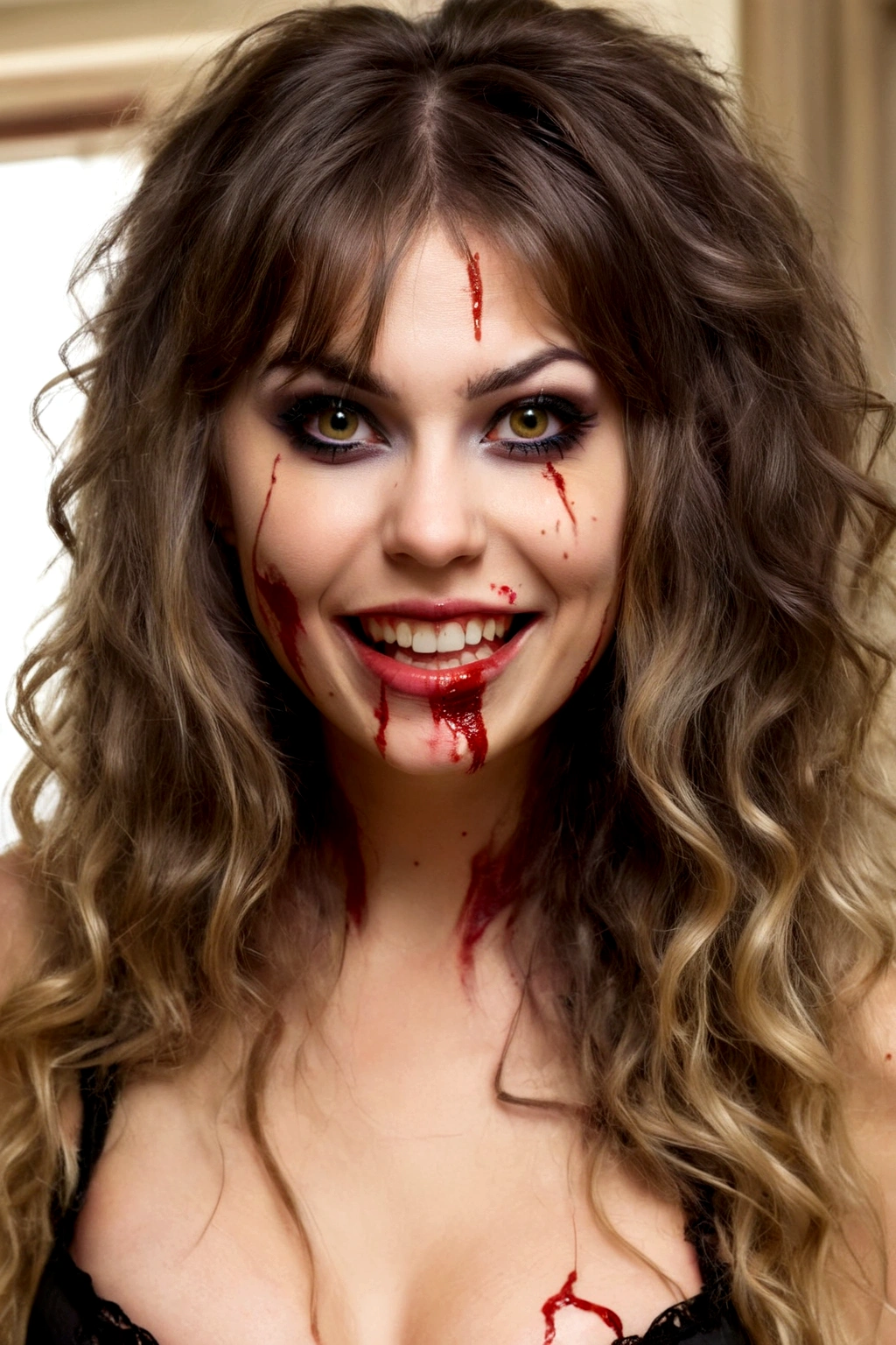  (age 25) a psychotic psyco ex girlfriend  (crazy makeup, long messy hair, strappy tattered lingerie, curved lips, smile teeth showing, vibrant enlarged crazy eyes, blood spattered bedroom, blood splattered over body, bood splattered on lingerie, 