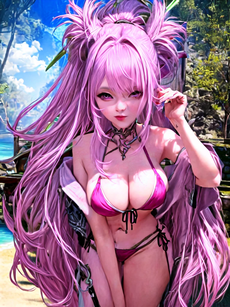 Beautiful with pink hair and purple eyes just like the image on the sexy beach on a very beautiful paradise beach pelo corto y sus orejas de conejita agrega las orejas