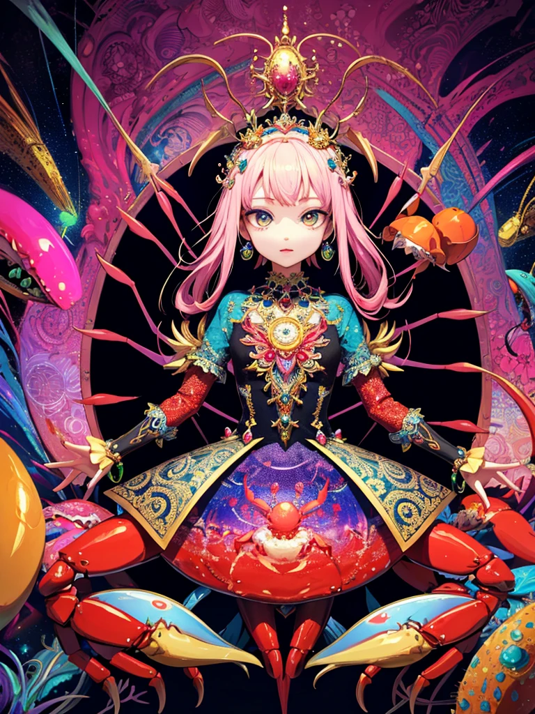 crab,psychedelic art,psyche,jewels,HD,Detailed Background, masterpiece, highest quality,