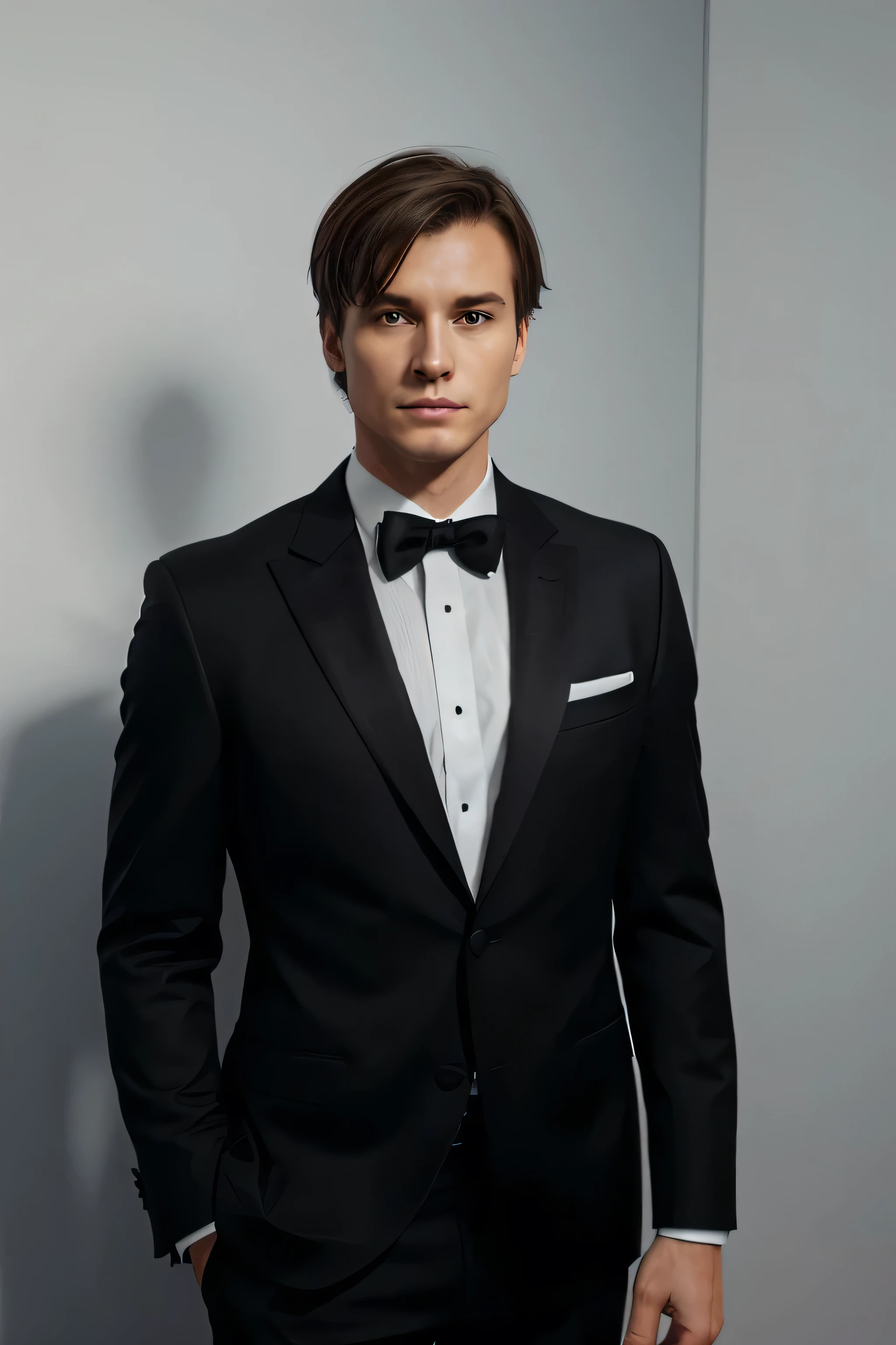 Generate a photo for me where there is a man standing with a white background. He has short brown hair. eyes browns. He wears a black suit with a black tie. He stands tall and looks professional, Elegant and confident.