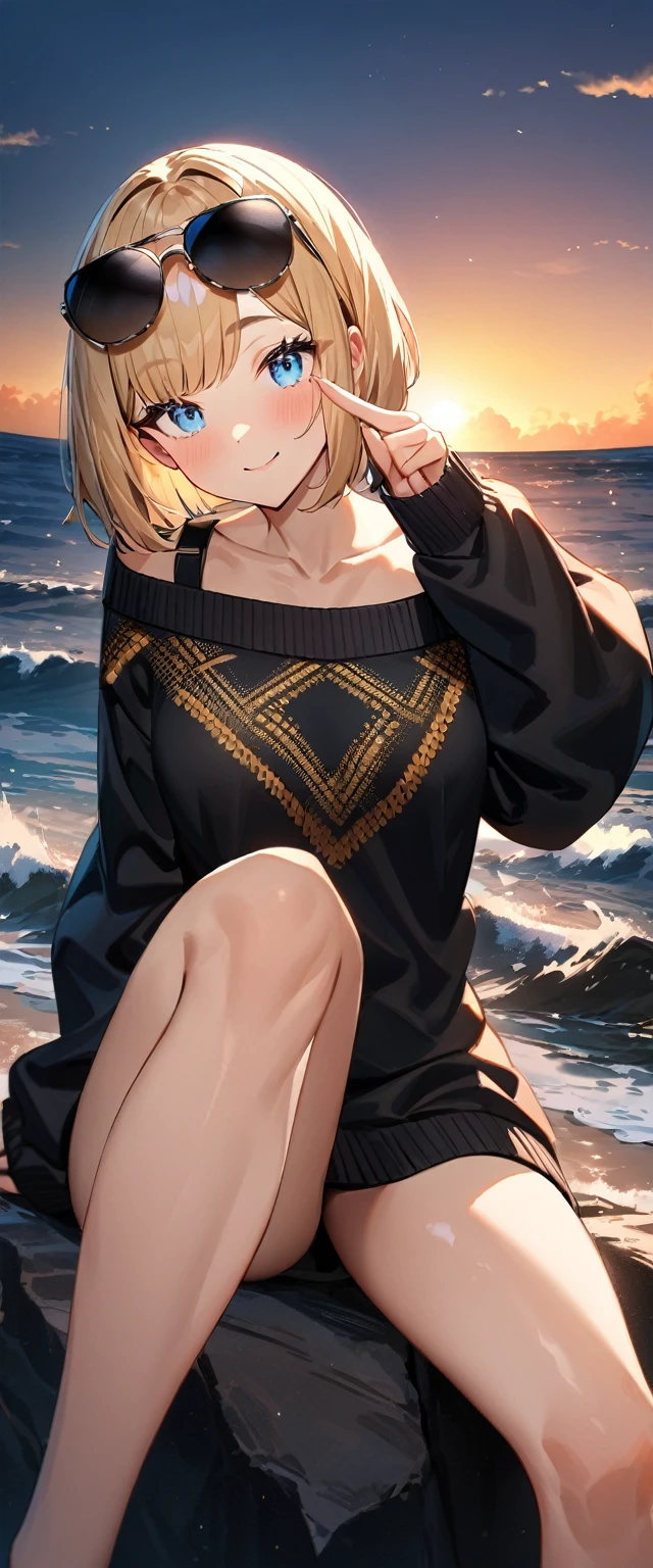 (((One girl))), (((looking back:1.3))), sea, beach, Sunset, evening, ((Sitting on a cliff)), (((from behind))), (((Bare legs))), ((aran sweater)), peace fingers, blond hair, ((sunglasses, hand to sunglasses)), (bob cut:1.3)), breasts, cleavage, (cowboy shot), standard body, (looking at viewer), oversized clothes, puffy long sleeves, collarbone, ((off-shoulder sweater dress:1.3, Quite thick shoulder straps)), (((sleeves past wrists:1.3))), ((black sweater)), teenager, head tilt:1.3, (((blue eye))), ((happy smile)), (((anime style))), (best quality, 4K, 8K, highres, masterpiece:1.2, ultra-detailed, ultra-detailed eyes, HDR, uhd, studio lighting, ultra-fine painting, sharp focus, physically-based rendering, extreme detail description, professional, vivid colors, bokeh), ((Highest quality, Best image quality, Ultra-high resolution, Ultra-high resolution, solo, Strong eye highlights)), Depth of written boundary, Natural soft light, attractive, Beautiful Face, Cleanliness, Pure Face, Nedium chest, Beautiful Face, Perfect Fingers, Perfect hands, Perfect body, Perfect Face, Shine a light into your eyes, Perfect Anatomy