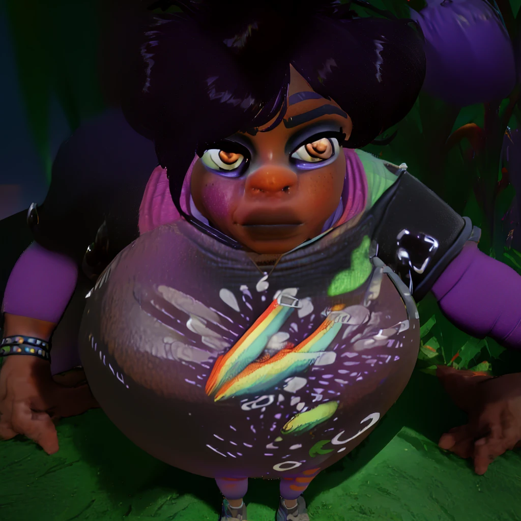 willow, black hair, brown eyes, spiked hair, 
black shirt, purple leggings,  bracelet,  green short sleeves, 
standing,   upper body,   smug,   light smile,  
giant backyard,  large plants, 
(insanely detailed, beautiful detailed face, beautiful detailed eyes, masterpiece, best quality)  solo,A frontal image of a little white mouse with a humanized and caring face. She should have large, pinkish-red eyes, a soft smile, and delicate features. The coat should be fluffy and shiny, with realistic details. The background should be soft and blurred, highlighting the mouse's face in a warm and friendly way.
 