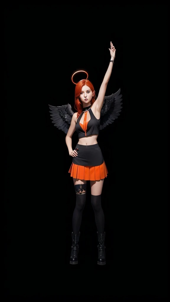 A beautiful girl with red hair, de corpo inteiro, skin fair, short black skirt with orange detail, um cropped preto, with black wings and halo over the head.