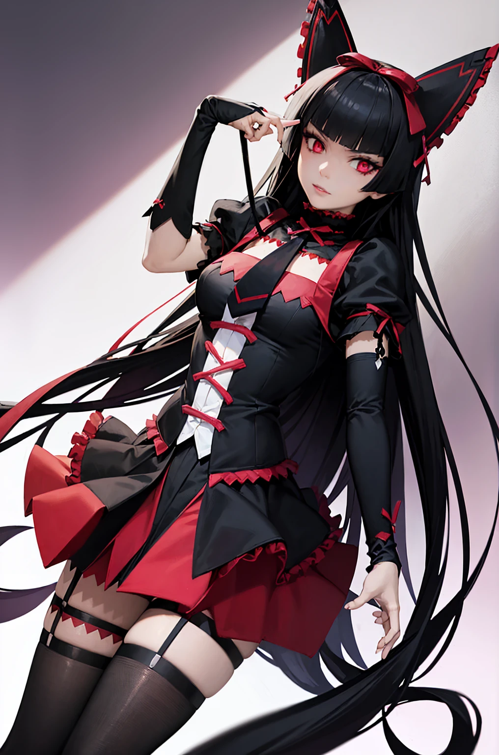 (masterpiece, best quality), rory_mercury, gothic fashion, gothic, black thighhighs, garter straps, dress, (Realistic painting style:0.9), masterpiece, best quality, absurdres, looking at viewer, no pupils,(detailed eyes), (detailed face), perfect face,