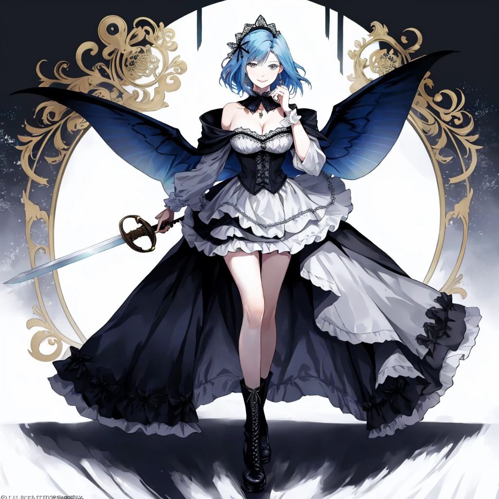  ((best quality)), ((masterpiece)), (detailed), 1girl, Character design, female, dynamic poses, ((long blue hair)), grey white eyes, very skinny, detailed, best quality, no accesoires around the neck, prominent collarbones, skinny arms, full body, blank white background, plain background, white background, ((red and white clothing)), Bloodborne inspired, occult aesthetic, occult, detailed and intricate steampunk and detailed gothic, Very dramatic and cinematic lighting, cosmic horror, grim-dark, side-lighting, perfect face,  Fluttering lace flared long knee length dress with frilly petticoats, knee length dress, pleated petticoats, petticoats gothic, complex lace boots, side-lighting, gothic aesthetic, wielding a mighty sword with mechanical components, mandalas, small breasts, a fairy, various different types of insect wings,full body, whole body, white holy clothes,white holy clothes,((evil smile)),(blue hair),she has a big sword in her hand,