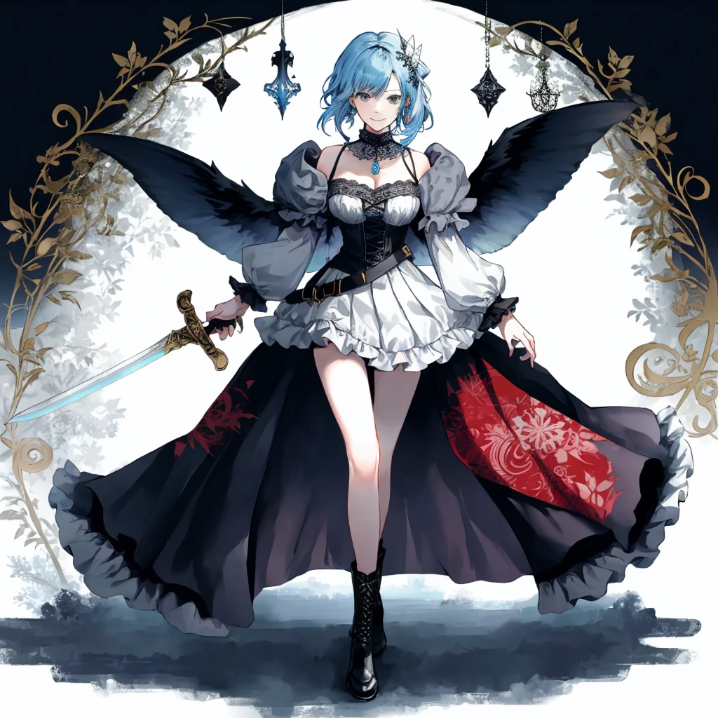 ((best quality)), ((masterpiece)), (detailed), 1girl, Character design, female, dynamic poses, ((long blue hair)), grey white eyes, very skinny, detailed, best quality, no accesoires around the neck, prominent collarbones, skinny arms, full body, blank white background, plain background, white background, ((red and white clothing)), Bloodborne inspired, occult aesthetic, occult, detailed and intricate steampunk and detailed gothic, Very dramatic and cinematic lighting, cosmic horror, grim-dark, side-lighting, perfect face, Fluttering lace flared long knee length dress with frilly petticoats, knee length dress, pleated petticoats, petticoats gothic, complex lace boots, side-lighting, gothic aesthetic, wielding a mighty sword with mechanical components, mandalas, small breasts, a fairy, various different types of insect wings,full body, whole body, white holy clothes,white holy clothes,((evil smile)),(blue hair),she has a big sword in her hand,