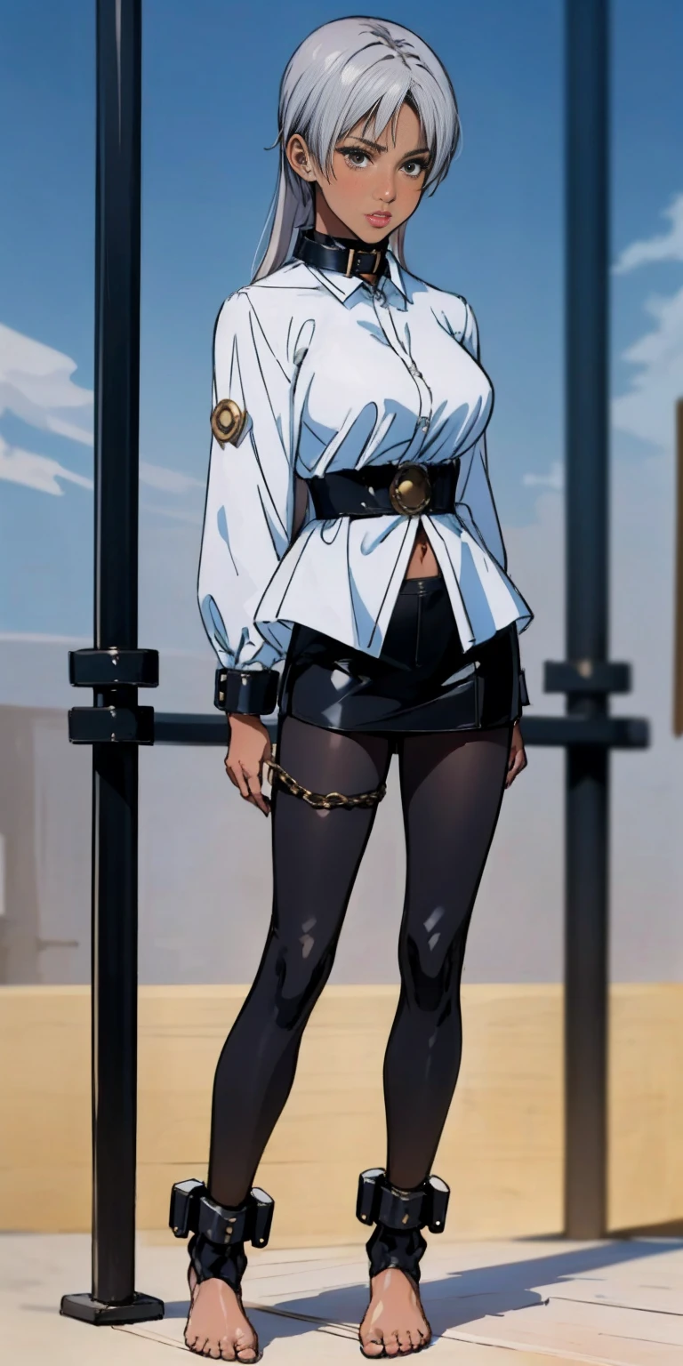 (Masterpiece, best quality, intricate details, 1sologirl) iron collar, arms behind back, iron cuffs, shackles, leather collar choker neck bell, bound ((standing by wooden pole:1.2)) ((female Black Dark skin Gyaru)) show entire body frontal position, feet in view, realistic, gorgeous 16y.o. darkest skinned mixed race female, black African, transparent black pantyhose, legs open, museum,barefoot no shoes, looking to viewer straight symmetrical, white silver long hair