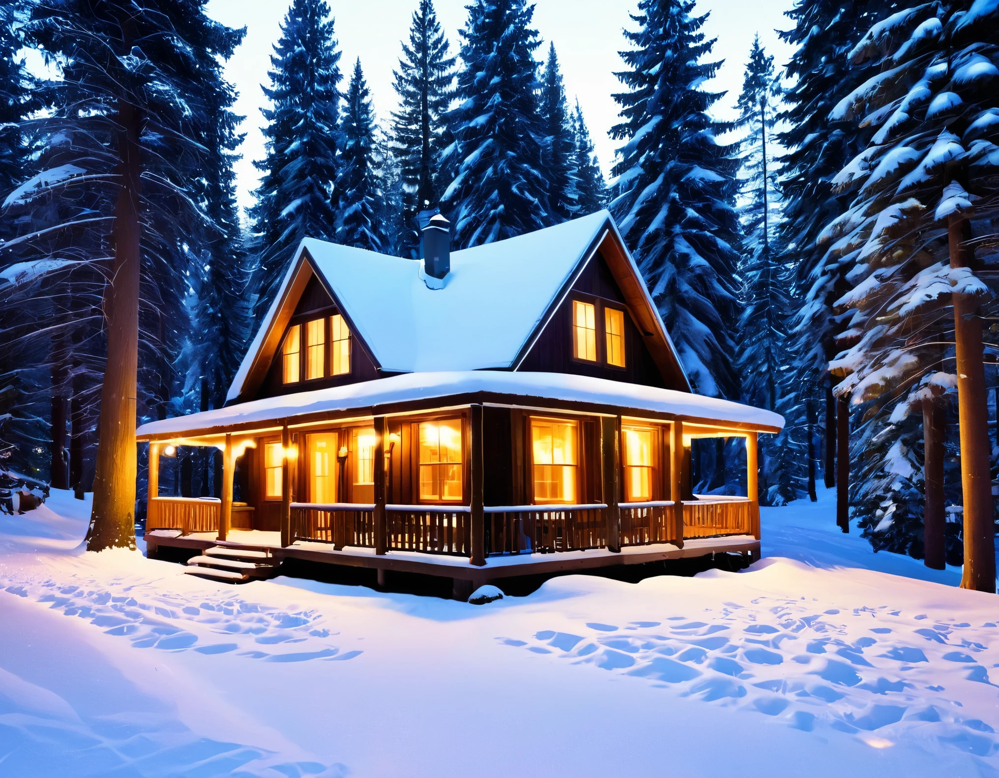 A cozy, snow-covered cabin nestled in a serene forest, with a warm, inviting glow from its windows