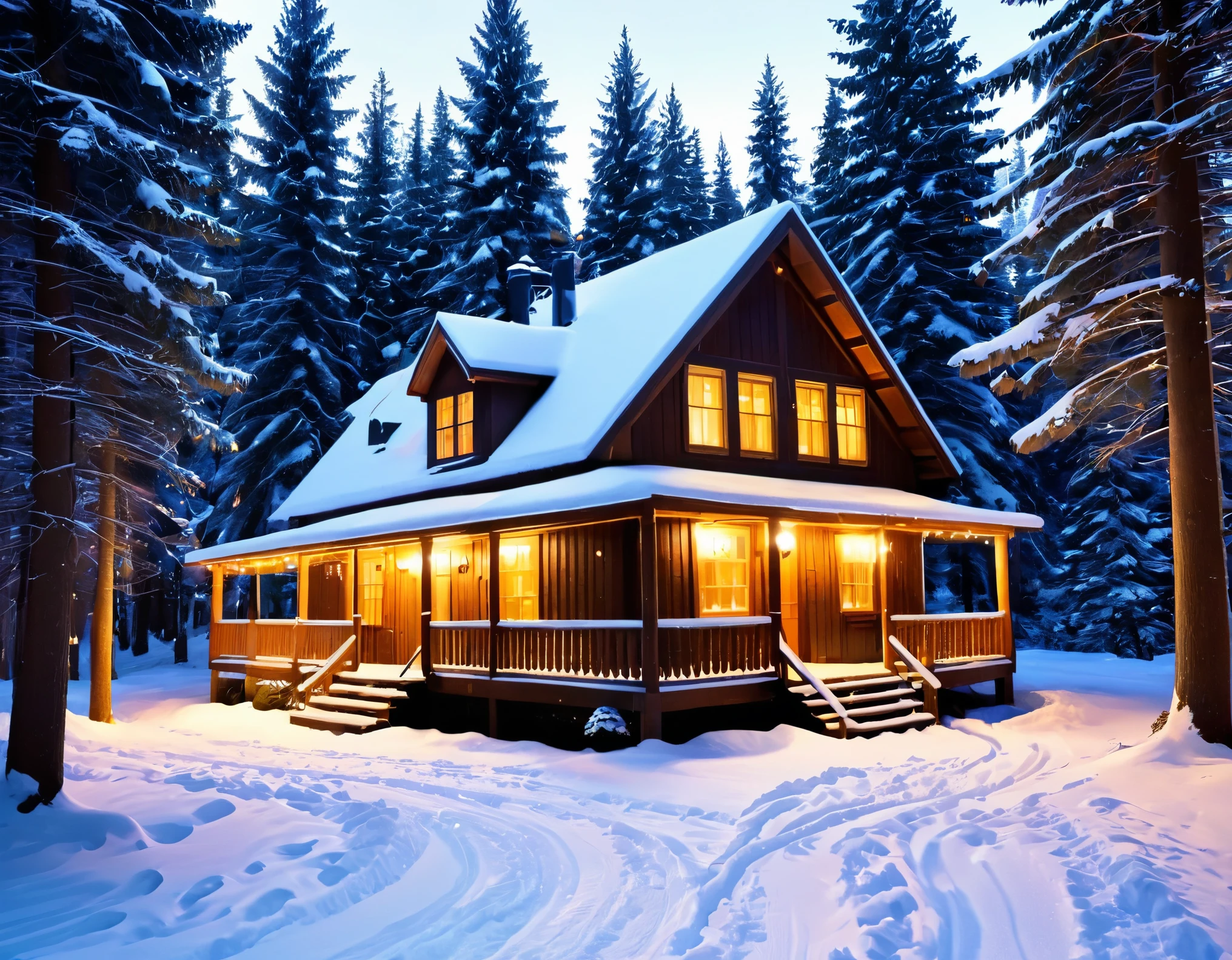 A cozy, snow-covered cabin nestled in a serene forest, with a warm, inviting glow from its windows