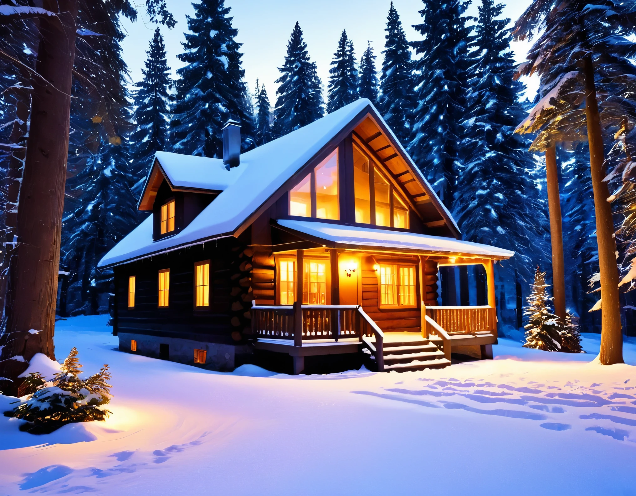 A cozy, snow-covered cabin nestled in a serene forest, with a warm, inviting glow from its windows