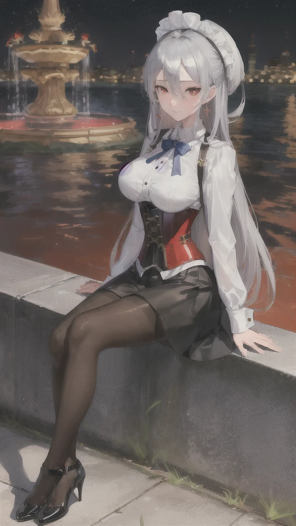 (((masterpiece))), best quality, 1girl, ((pantyhose)), silver hair, red eyes, park in the night with fountains background, looking at viewer, smile, busty, highly detailed face,highly detailed eyes, sitting, hi resolution,4k, mature, , blushing, excited, upskirt, milf, miniskirt, corset