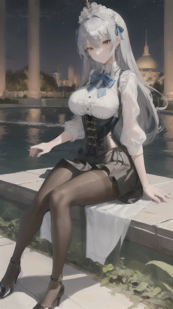 (((masterpiece))), best quality, 1girl, ((pantyhose)), silver hair, red eyes, park in the night with fountains background, looking at viewer, smile, busty, highly detailed face,highly detailed eyes, sitting, hi resolution,4k, mature, , blushing, excited, upskirt, milf, miniskirt, corset