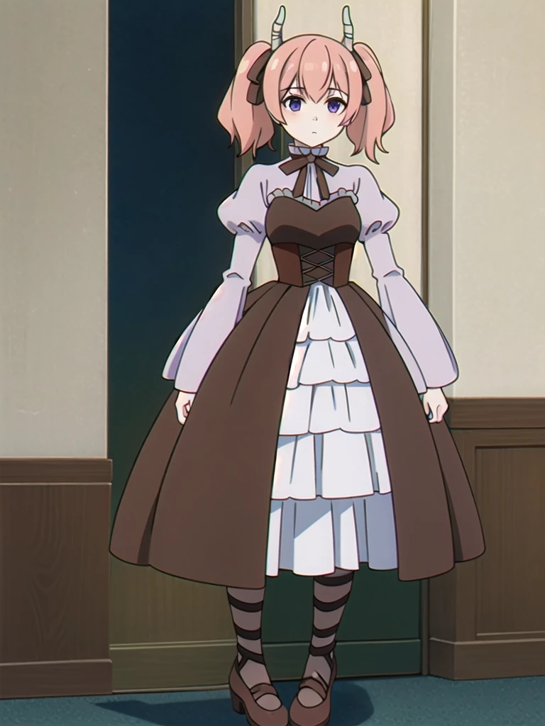 (((Best quality))),((Ultra-detailed)),((illustration)),((Disheveled hair)),((frilld)),(1 girl),
1girl,bangs,bow,brown dress,closed mouth,dress,full body,juliet sleeves,long sleeves,looking at viewer,pigeon-toed,pink hair,puffy sleeves,purple eyes,ribbon,shoes,simple background,sleeves past wrists,solo,standing,striped,thighhighs,twintails,white background,wide sleeves,