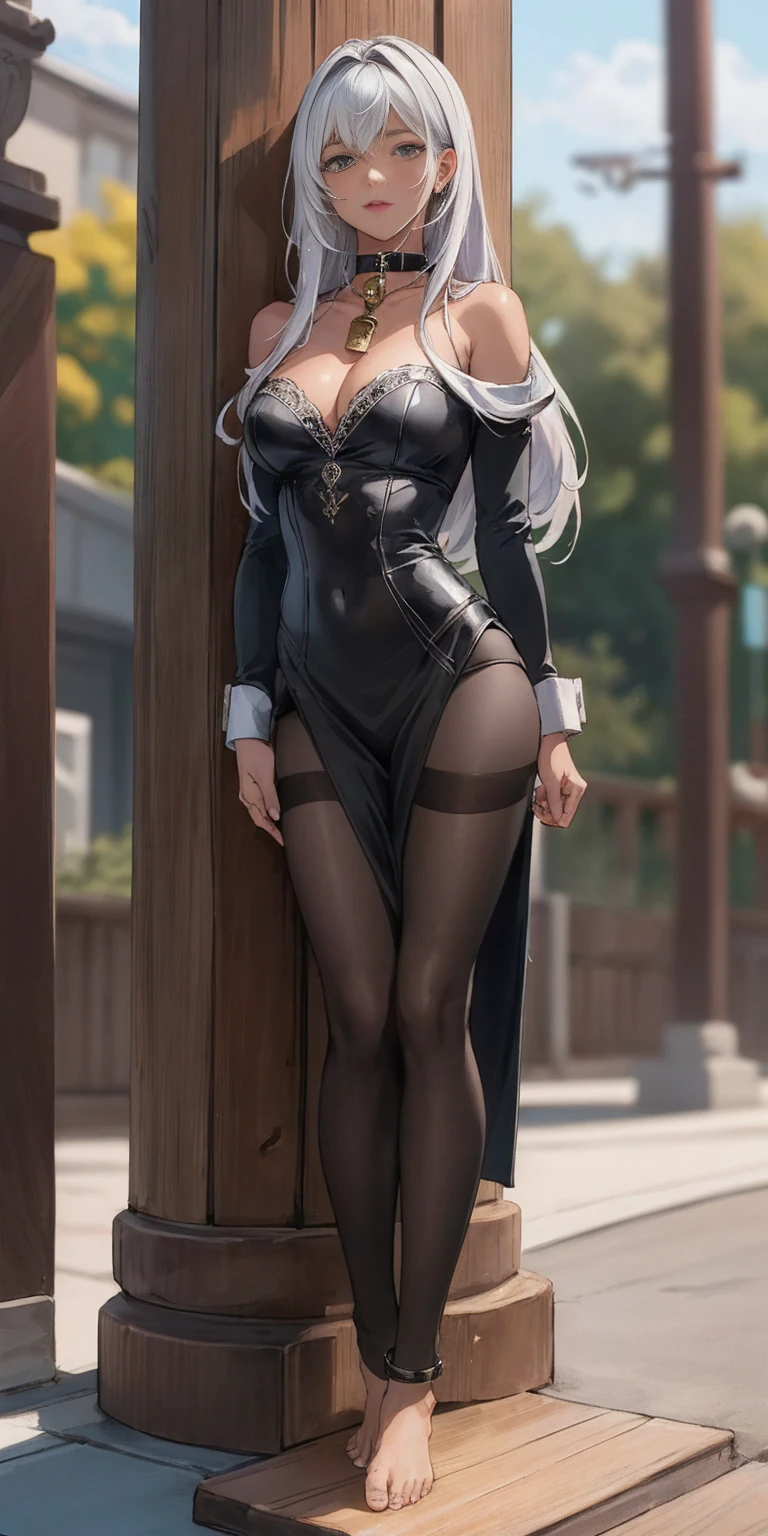 (Masterpiece, best quality, intricate details, 1sologirl) iron collar, arms behind back, iron cuffs, shackles, leather collar choker neck bell, bound ((standing by wooden pole:1.2)) ((female Black Dark skin Gyaru)) show entire body frontal position, feet in view, realistic, gorgeous 16y.o. darkest skinned mixed race female, black African, transparent black pantyhose, legs open, museum,barefoot no shoes, looking to viewer straight symmetrical, white silver long hair