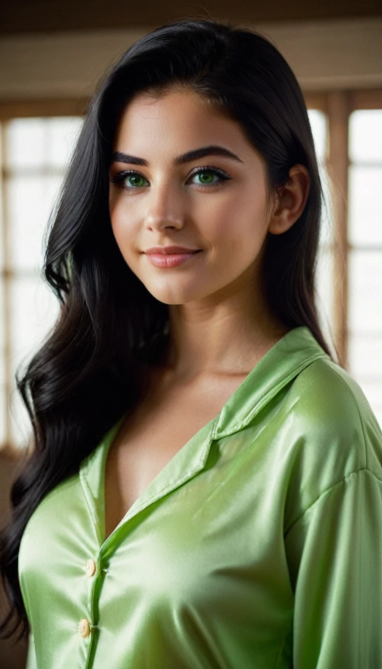 18-year-old American woman, small lips, green eyes, medium eyelashes, medium nose, medium ears, thick eyebrows, long black hair, looking away, natural skin, moles on skin, (cinematic, film grain: 1.1 ) smile, dynamic body. posture, full body, full body, big, Pajamas, realistic sexy open buttoned tulle --au, looking into space, long black hair, butt, lascivious,