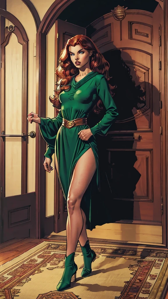 ((Full body photo, standing, feet on the floor)) John Buscema style art, 1 woman with long wavy red hair, light green eyes, thin waist, medium , sensual and arrogant at the same time, wearing stylish clothes for physical confrontation , standing on top of a rug observing the entrance to a dojo door.