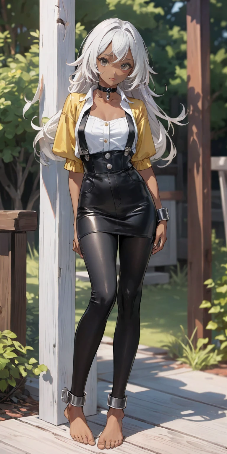 (Masterpiece, best quality, intricate details, 1sologirl) iron collar, arms behind back, iron cuffs, shackles, leather collar choker neck bell, bound ((standing by wooden pole:1.2)) ((female Black Dark skin Gyaru)) show entire body frontal position, feet in view, realistic, gorgeous 16y.o. darkest skinned mixed race female, black African, transparent black pantyhose, legs open, museum,barefoot no shoes, looking to viewer straight symmetrical, white silver long hair