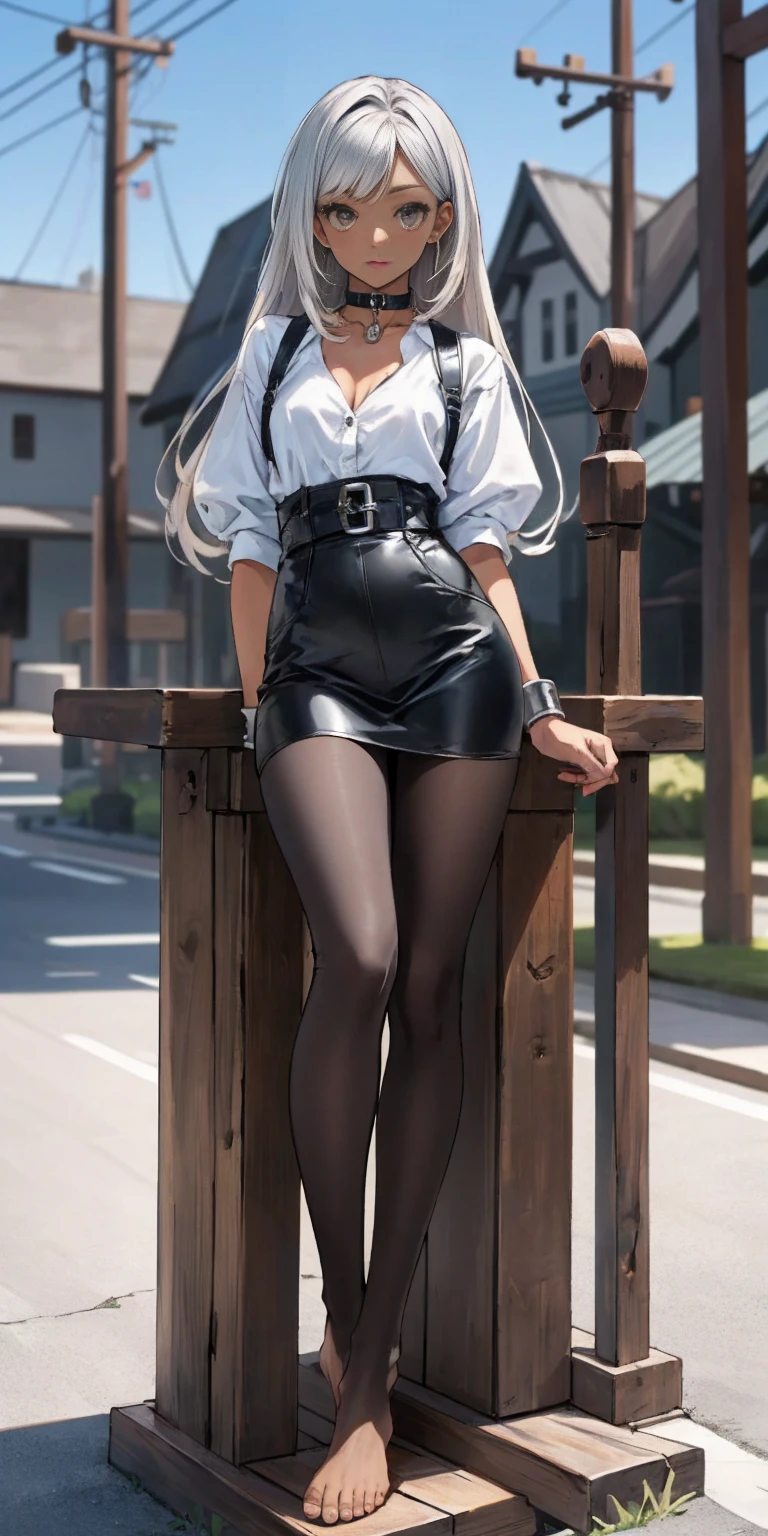 (Masterpiece, best quality, intricate details, 1sologirl) iron collar, arms behind back, iron cuffs, shackles, leather collar choker neck bell, bound ((standing by wooden pole:1.2)) ((female Black Dark skin Gyaru)) show entire body frontal position, feet in view, realistic, gorgeous 16y.o. darkest skinned mixed race female, black African, transparent black pantyhose, legs open, museum,barefoot no shoes, looking to viewer straight symmetrical, white silver long hair