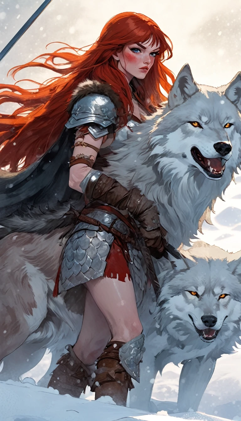 A fierce redhead warrior, Red Sonja, with her companion a huge giant wolf in a snowy landscape, blood stains on the pristine white snow , ultra detailed,,vivid colors,bokeh,portraits,concept art,dramatic lighting,cold tones,snow, ice, winter, art inspired by Bill Sienkiewicz
