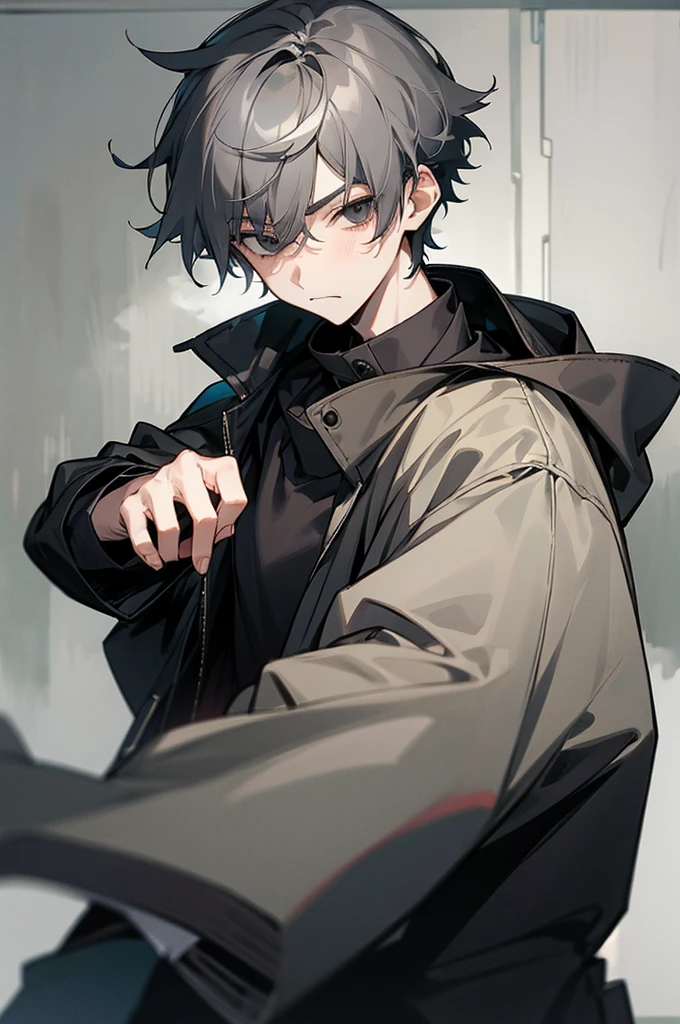 1 boy, 15 year old boy, grayish hair, dark black eyes, black long jacket, mad, short hair