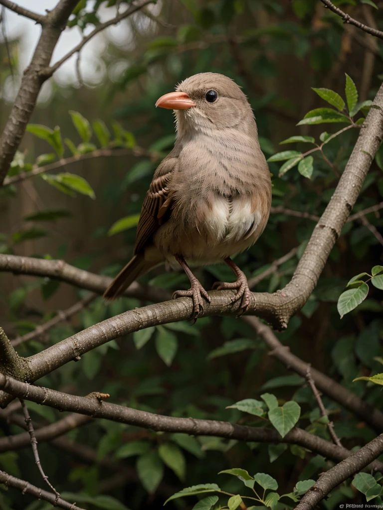 Nightingale bird sitting on a branch, the bird has a joint in its beak