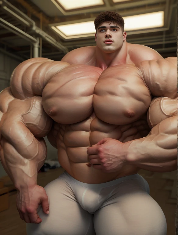 1boy, giant, alone, giant bodybuilder, illuminating light, strong body, bulk, large size, standing in white photo studio, indoor, nude, white triangular underwear, massive bulge, extraordinary big, brutalmass, giant muscular body, bulk, buff, massive body, large meaty body size, extremely wide body,