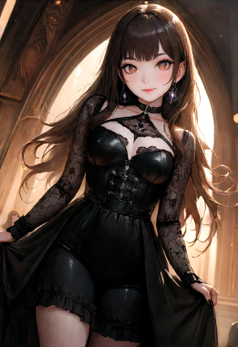 A European woman in a black latex dress poses for a photo, indoor, In front of the Eiffel tower, natta, Floral, smile, Vietnamese mix, Background blur, ass focus, professional photography, dynamic angle recording, filmgrain, bokeh, Raytracing, dynamic lighting, Tilt the camera, Shot from the front, Lens reflection,
(((masterpiece))), ((best quality)), Not suitable for work, ((elaborate details)), ((realisti)), (50mm Sigma f/1.4 Zeiss lens, f1.4, 1/800s, ISO 100, Photography by:1.1), perspective, muito detalhado, Illustration, 2 girls, big , lovely, detailled eyes, Long hair, bang, Brown hair, brown eyes, black choker, ear rings, detailed background, perfect eyes, Seductive eyes, Viewers look at, from the front side, Gothic Make-up, (no tattoos), gothic girl-Ästhetik, Gothic aesthetics, Gothic Make-up, Gothic mood, Gothic-Horror-Vibes, Dark Gothic Queen, gothic girl, Gothic Make-up, dunkles Haar und Make-up, Gothic aesthetics, very beautiful Gothic top model, Gothic-Eyeliner, Gothic aesthetics, Gothic-Frau, dunkles Make-up,