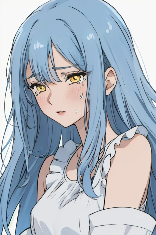 anime style, 1girl, light blue hair, very long hair, yellow eyes, crying, sad, half closed eyes, white sleeveless dress, light purple sleeves, lips,, portrait,, white background