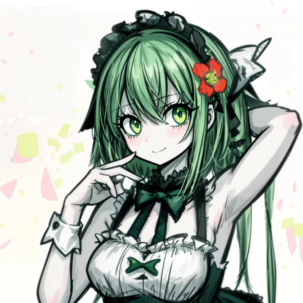 1girl ,green eyes,green hair,short maid dress ,pale skin, (masterpiece, anatomically correct, high detail, high quality, 8k), happy, smile,blushing