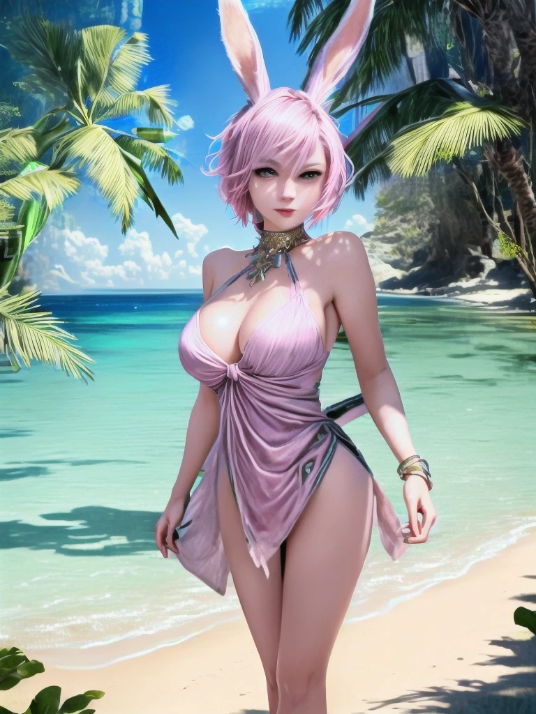 A beautiful woman with short pink hair, purple eyes, bunny ears, standing on a stunning paradise beach, masterpiece, photorealistic, cinematic lighting, vibrant colors, highly detailed, intricate details, elegant, graceful, alluring, seductive, flowing dress, soft skin, glowing, ethereal, mystical, serene, tranquil, sun-kissed, warm tones, golden hour, ocean waves, sandy beach, palm trees, lush vegetation