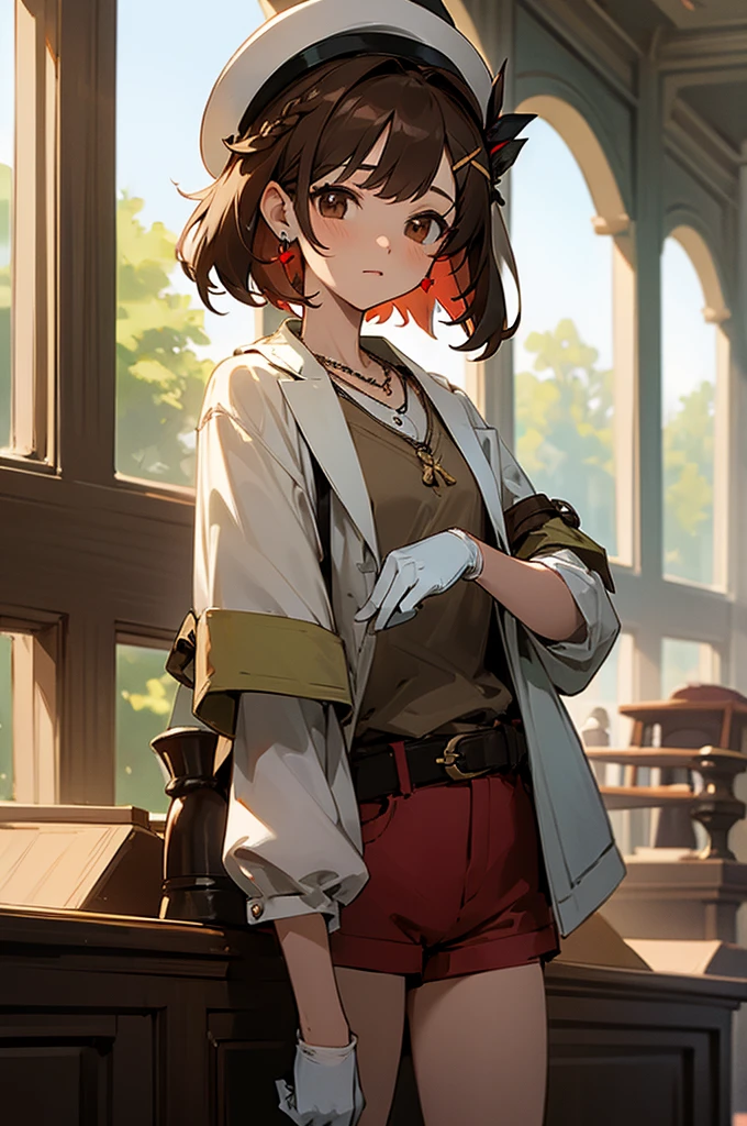 (masterpiece:1.3), (best quality:1.3),indoors,bookshelf,window,solo,1girl, reisalin_stout, upper body, standing,brown hair, brown eyes, solo, hairclip, earrings, jewelry, short_hair, white_headwear, hat, hair_ornament, brown_gloves, necklace, short_shorts, x hair ornament, red shorts, braid,