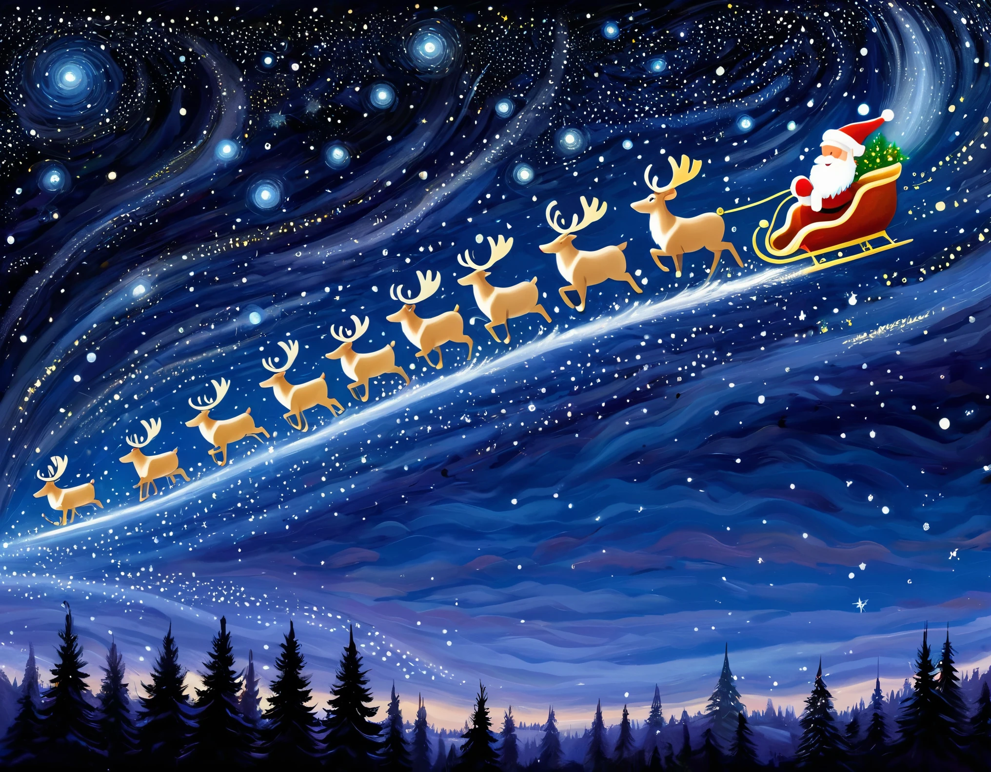 Santa Claus and his reindeer team soaring through a starry night sky, guided by the North Star