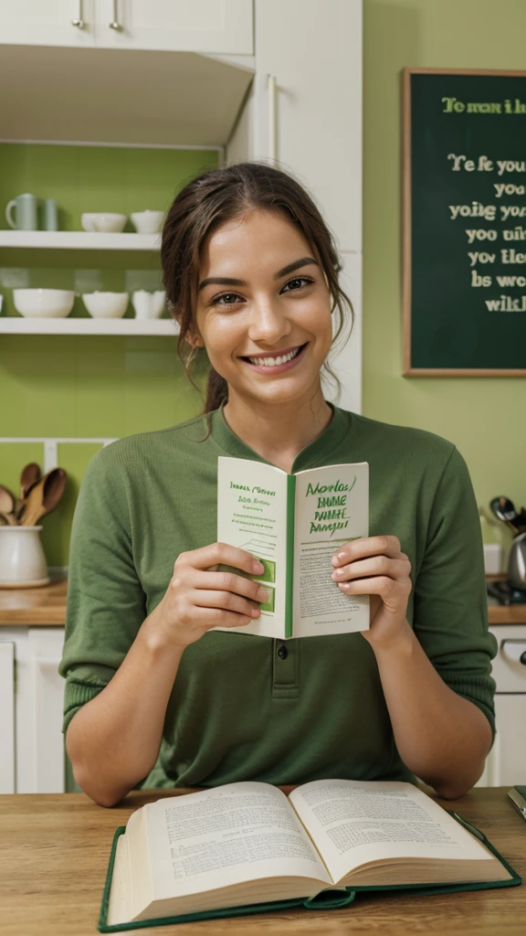 smiling person reading a motivational quote in a green book with no letters in the cover in a green kitchen 