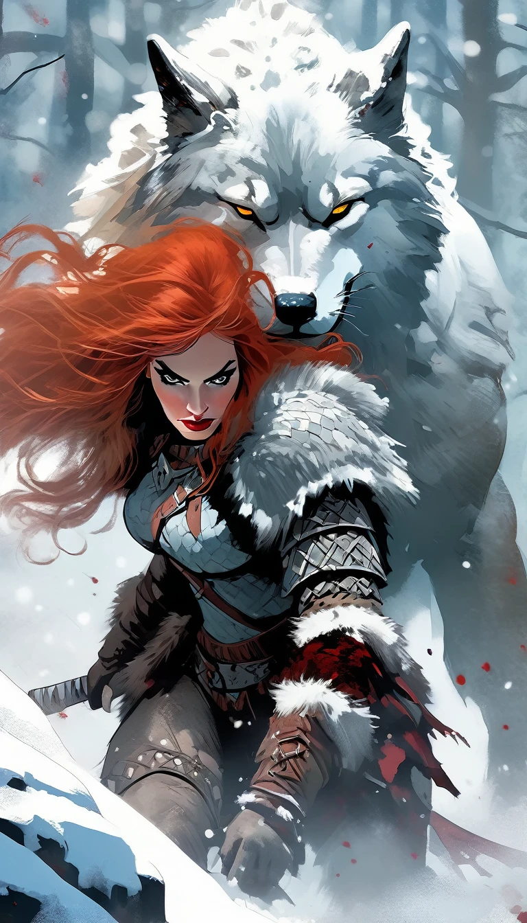 A fierce redhead warrior, Red Sonja, with her companion a huge giant wolf in a snowy landscape, blood stains on the pristine white snow , ultra detailed,,vivid colors,bokeh,portraits,concept art,dramatic lighting,cold tones,snow, ice, winter, art inspired by Bill Sienkiewicz