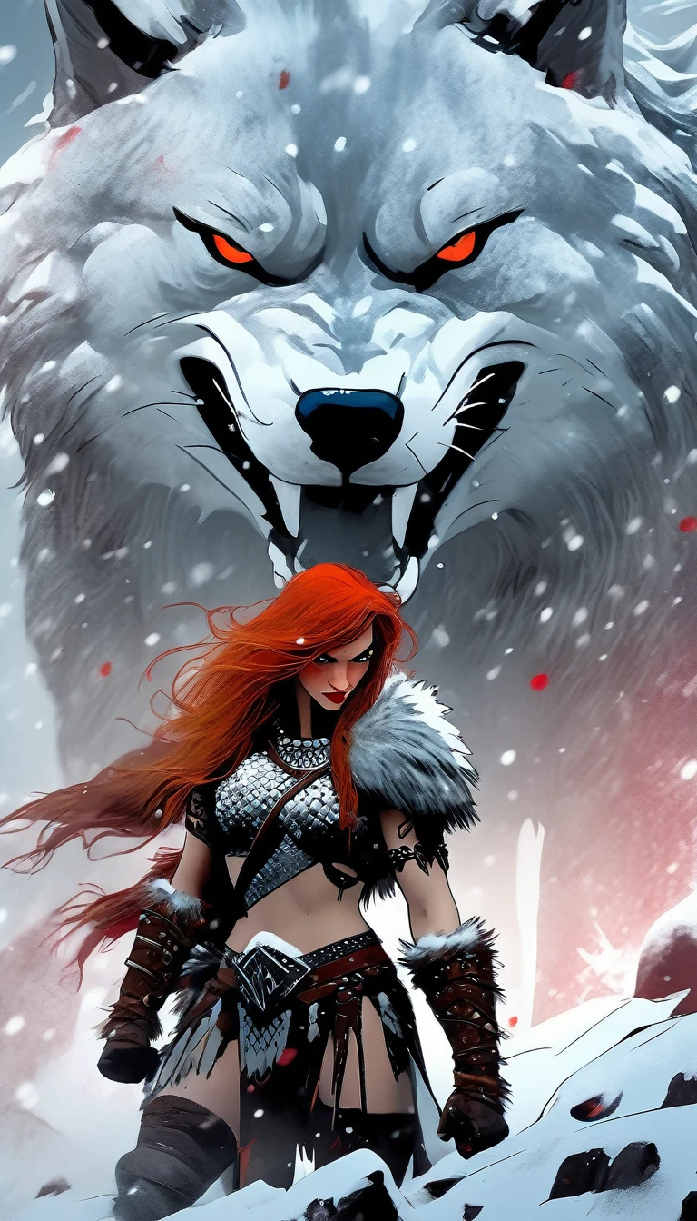 A fierce redhead warrior, Red Sonja, with her companion a huge giant wolf in a snowy landscape, blood stains on the pristine white snow , ultra detailed,,vivid colors,bokeh,portraits,concept art,dramatic lighting,cold tones,snow, ice, winter, art inspired by Bill Sienkiewicz