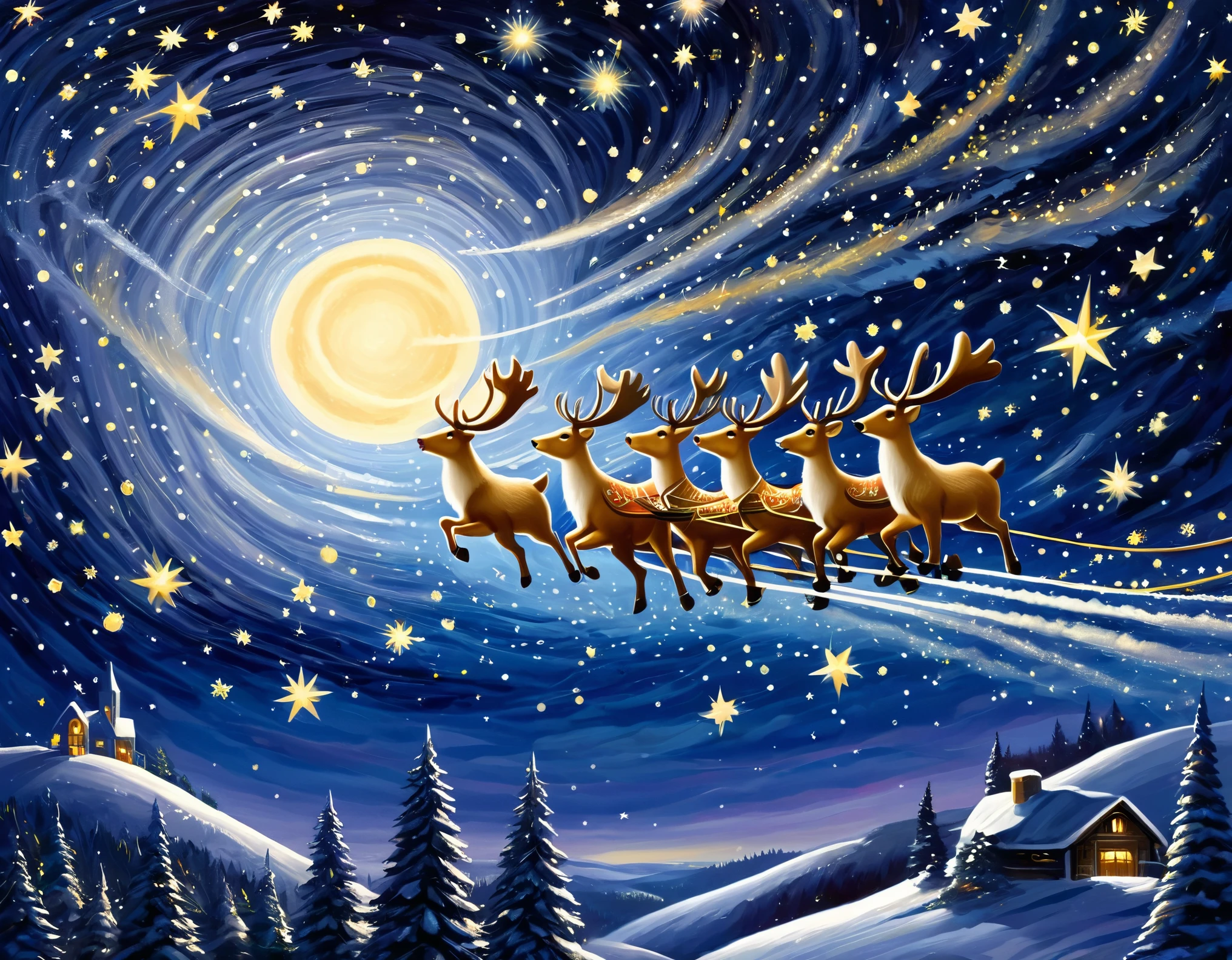 Santa Claus and his reindeer team soaring through a starry night sky, guided by the North Star