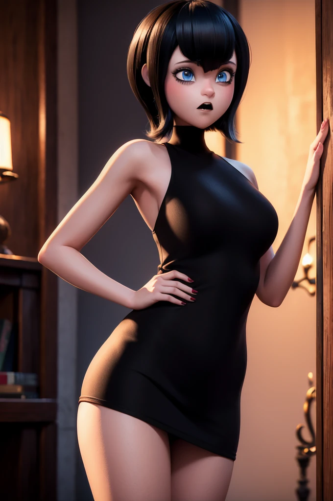 NSFW, 8k,highres, 1girl, tmavis, indoors, room light, front view, black dress, upper body, face,