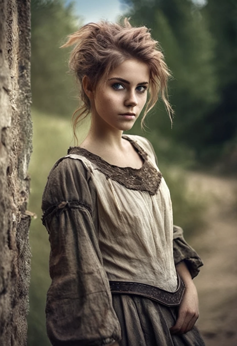 photorealistic, cute woman with messy hair and poor tattered clothes, beautiful sexy, (detailed medieval background), ultra sharp focus, detailed face, (((posing))), random hair color, short hair, pretty eyes, whole body, High quality analog color photography., depth of field, film grain