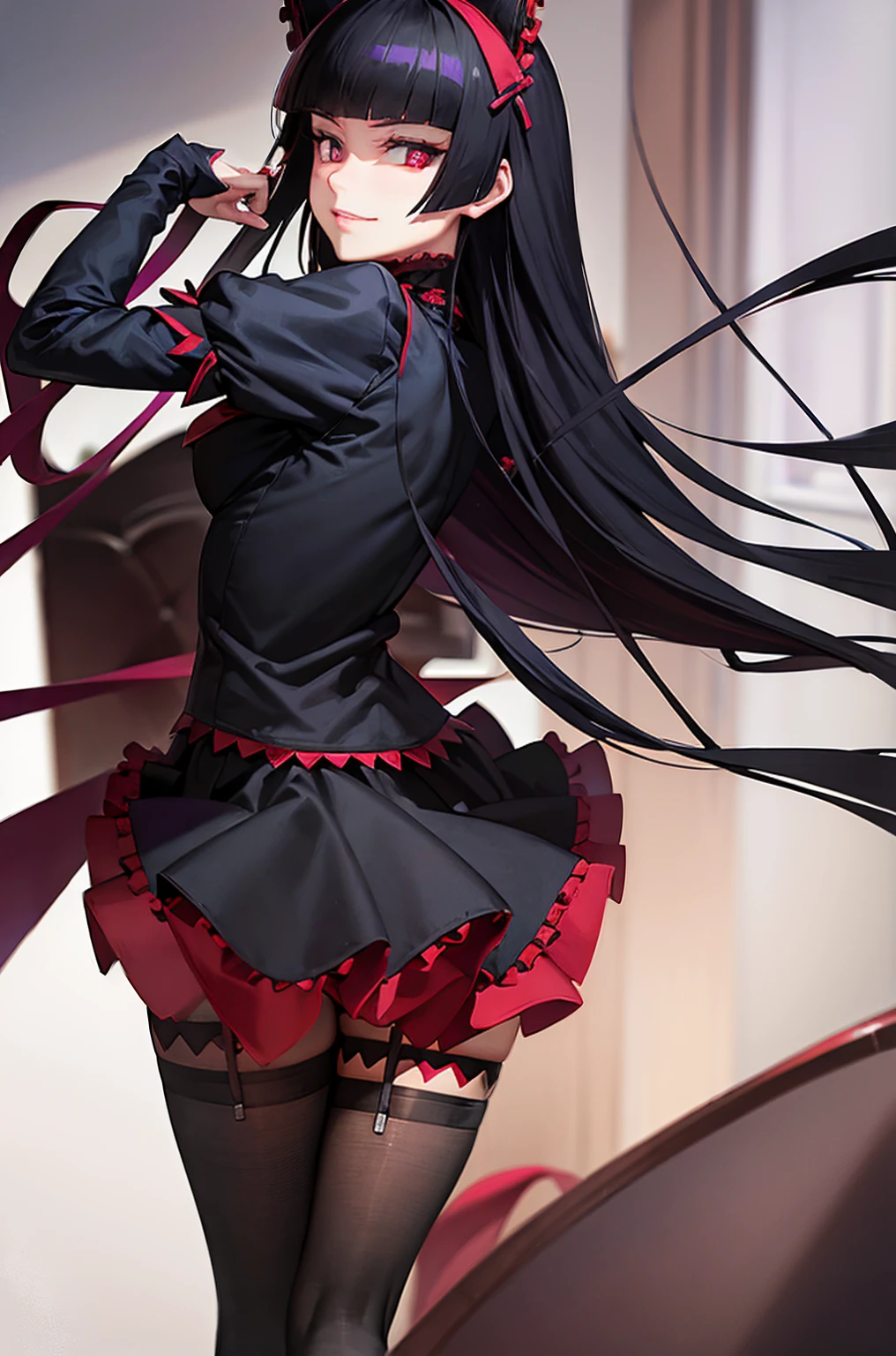 (masterpiece, best quality), rory_mercury, gothic fashion, gothic, black thighhighs, garter straps, dress, (Realistic painting style:0.9), masterpiece, best quality, absurdres, looking at viewer, no pupils,(detailed eyes), (detailed face), perfect face, smile 