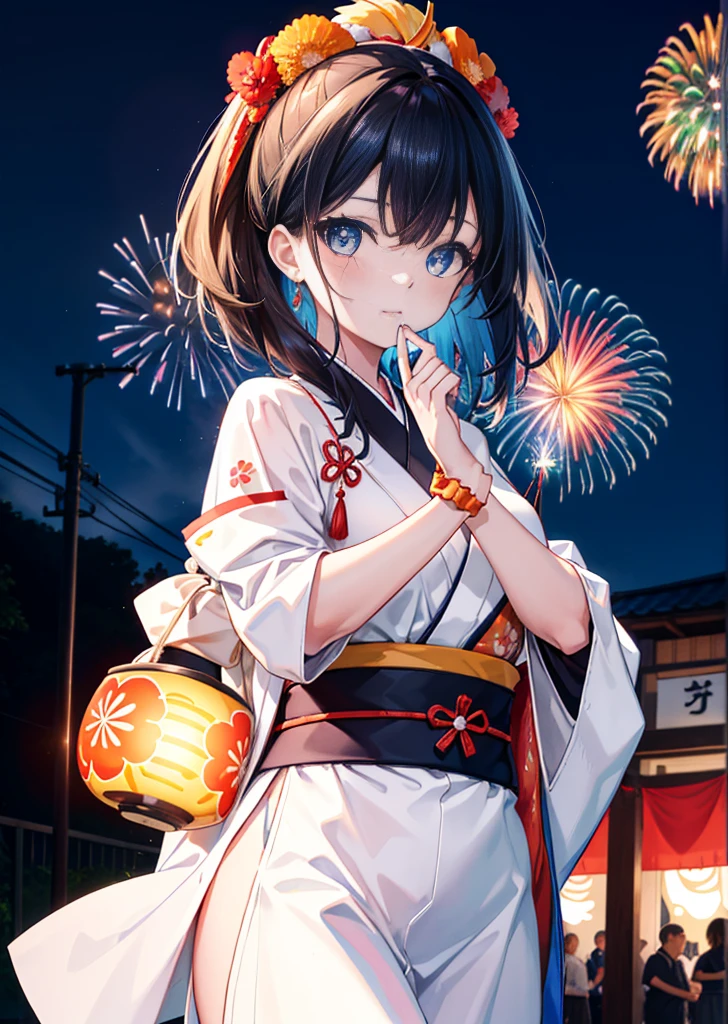 Takada Rokka, Black Hair, blue eyes, Long Hair, orange Scrunchie, Scrunchie, wrist Scrunchie, single hair band,White Kimono,Thick sleeves,Long skirt,日本のfestival,夏festivalの屋台,Red lantern,happy smile, smile, Open your mouth,Fireworks,The place is a fireworks display、Time is night,Walking,So that the whole body goes into the illustration,
break outdoors, festival,
break looking at viewer,Upper Body,(Cowboy Shot:1. 5),
break (masterpiece:1.2), Highest quality, High resolution, unity 8k wallpaper, (shape:0.8), (Fine and beautiful eyes:1.6), Highly detailed face, Perfect lighting, Highly detailed CG, (Perfect hands, Perfect Anatomy),