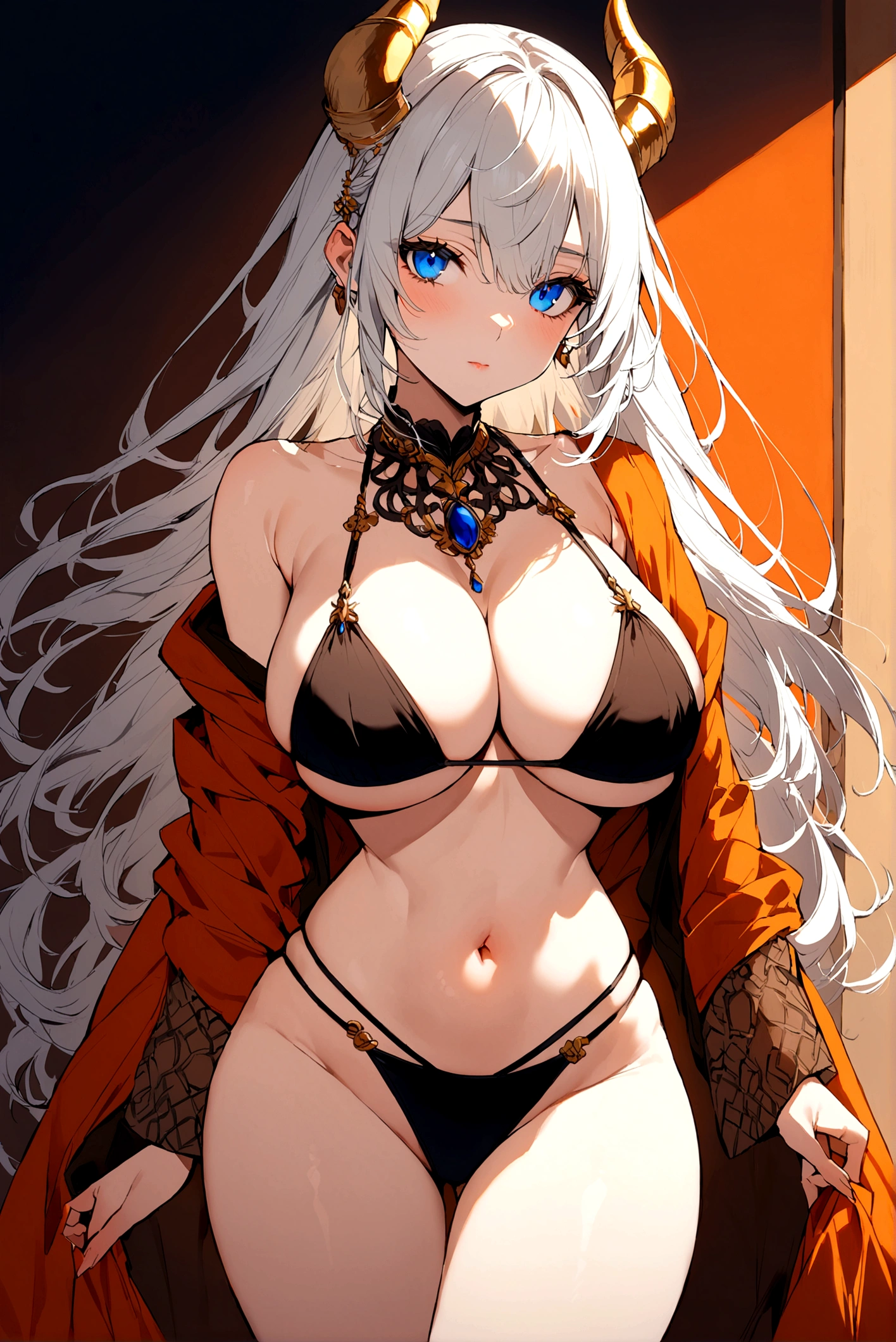 20 year old girl with white hair and golden horns with blue eyes wearing a black bikini with big breasts