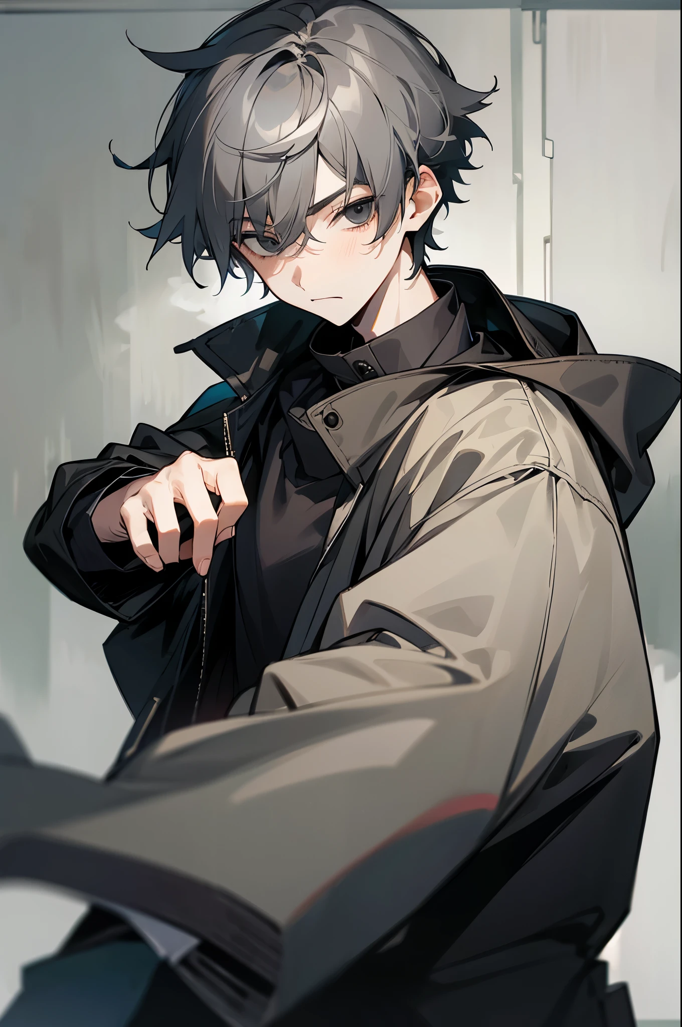 1 boy, 15 year old boy, grayish hair, dark black eyes, black long jacket, mad, short hair
