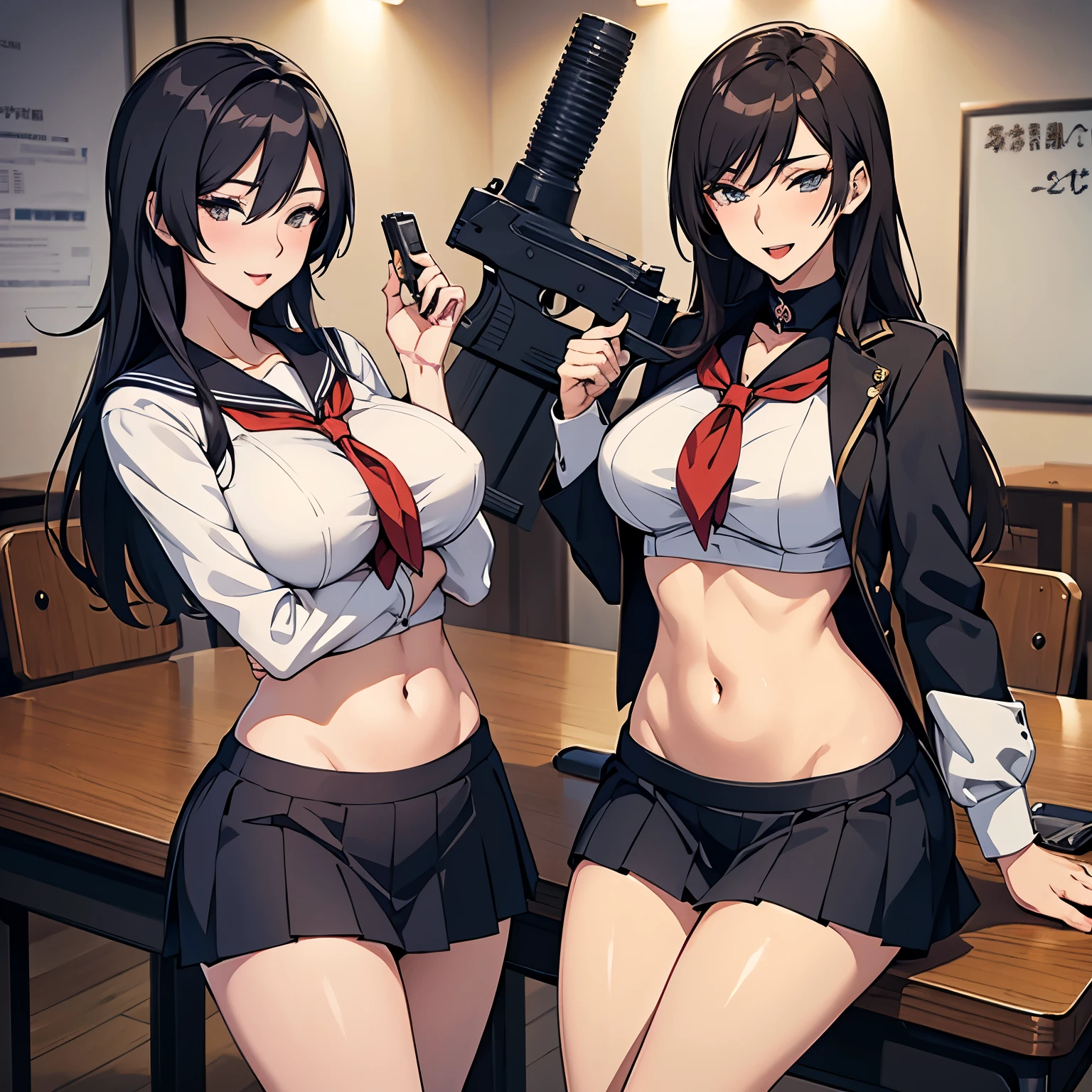Elegant mature woman, beautiful, 2girl, two girl ,long hair,mature female,makeup,eyelashes,blush, lipstick, masterpiece, best quality, highly detailed, a anime girls in sailor uniforms with a gun posing for a picture,
evil smile, smile, open mouth,black_serafuku, ecchi anime style, anime girls ,
ecchi style, ecchi, shipgirls, digital anime art!!, high school girls, holding a gun, hold a gun, anime style 4
k, micro skirt, exposed belly, exposed navel, exposed midriff,
exposed lower belly,school, classroom, 