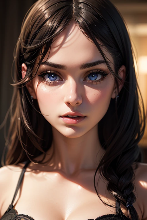 a beautiful brunette woman with mesmerizing eyes, detailed lips, long eyelashes, wearing a revealing top, high quality detailed portrait, photorealistic, 8k, studio lighting, dramatic chiaroscuro lighting, dramatic colors, cinematic,nsfw