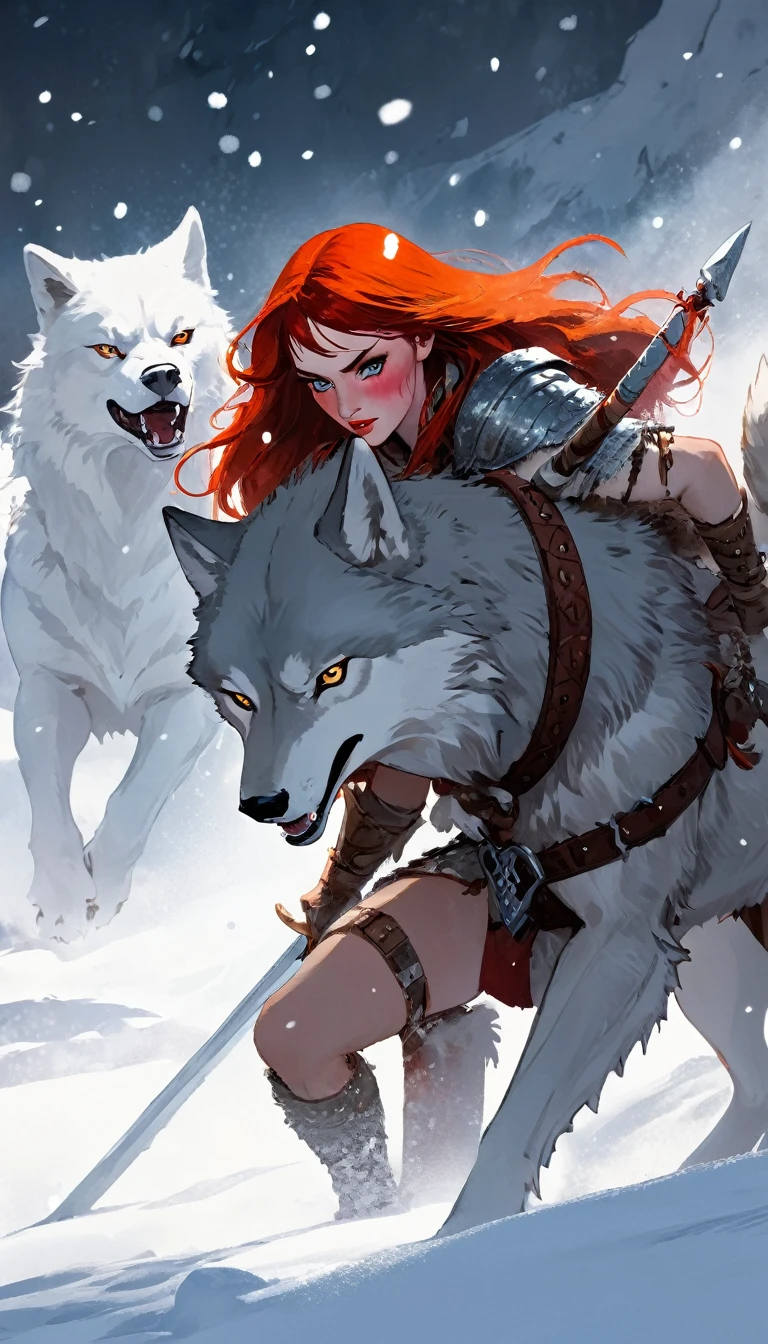 A fierce redhead warrior, Red Sonja, with her companion a huge giant wolf in a snowy landscape, blood stains on the pristine white snow , ultra detailed,,vivid colors,bokeh,portraits,concept art,dramatic lighting,cold tones,snow, ice, winter, art inspired by Bill Sienkiewicz
