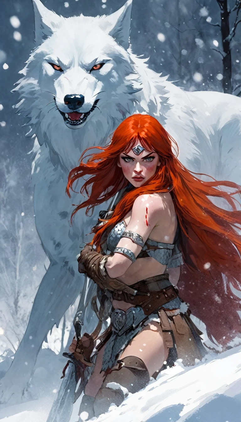 A fierce redhead warrior, Red Sonja, with her companion a huge giant wolf in a snowy landscape, blood stains on the pristine white snow , ultra detailed,,vivid colors,bokeh,portraits,concept art,dramatic lighting,cold tones,snow, ice, winter, art inspired by Bill Sienkiewicz

