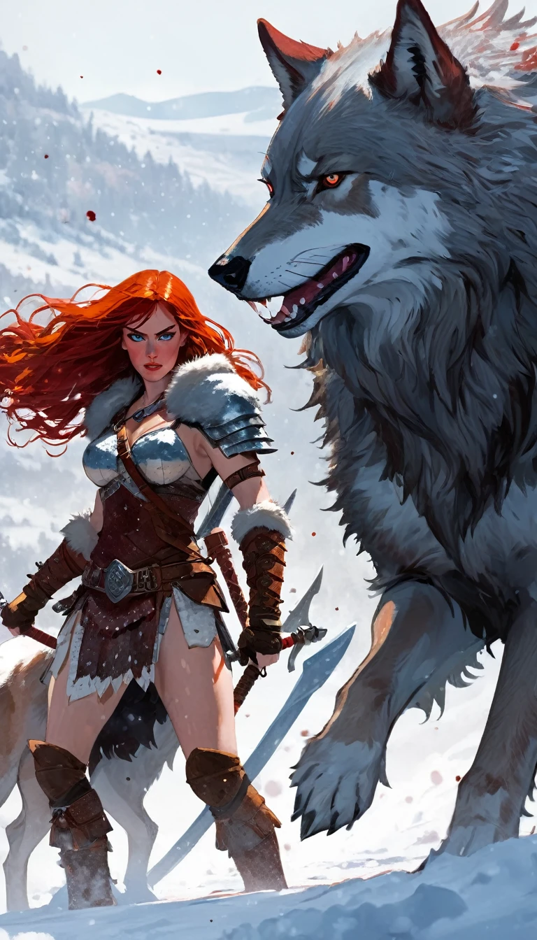 A fierce redhead warrior, Red Sonja, with her companion a huge giant wolf in a snowy landscape, blood stains on the pristine white snow , ultra detailed,,vivid colors,bokeh,portraits,concept art,dramatic lighting,cold tones,snow, ice, winter, art inspired by Bill Sienkiewicz