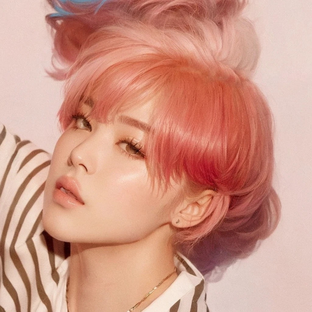 imagem arafada de um homem with pink hair e camisa listrada, Jimin\the full lips, park Jimin, Jimin, Jimin\the Greek nose, Jimin\the right eyelid is swollen, Retrato de Jossi do Blackpink, accurate Jimin face, with pink hair, hyung tae, BTS, cai xukun, Yoongi with black hair, pink straight hair