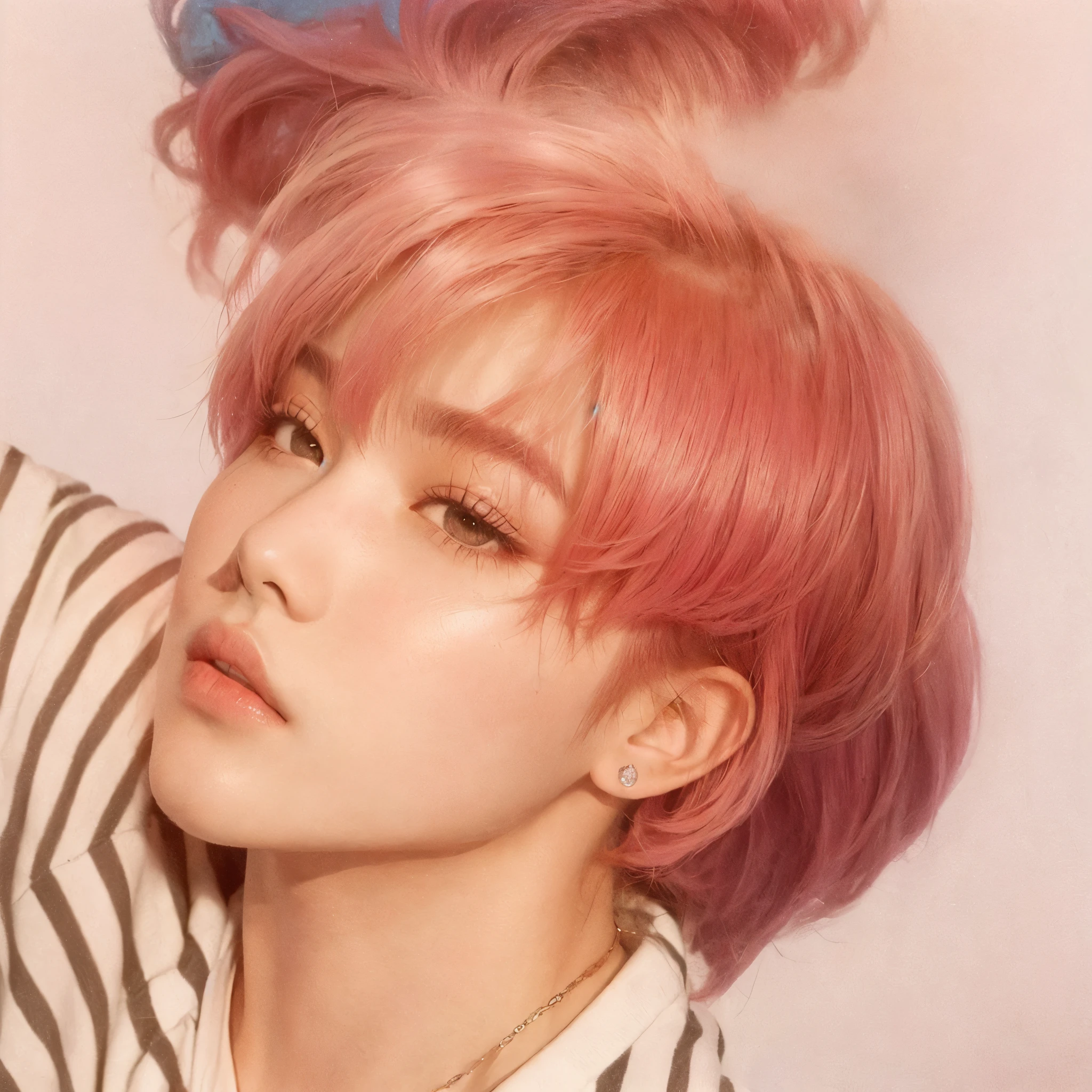 imagem arafada de um homem with pink hair e camisa listrada, Jimin\the full lips, park Jimin, Jimin, Jimin\the Greek nose, Jimin\the right eyelid is swollen, Retrato de Jossi do Blackpink, accurate Jimin face, with pink hair, hyung tae, BTS, cai xukun, Yoongi with black hair, pink straight hair